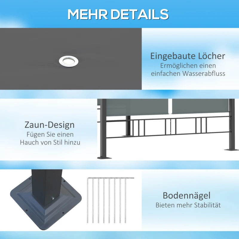 Outsunny Pergola Pavillon 3,9 x 2,9 m mit Sonnendach und 4 automatische Rollläden wasserdicht für Garten Abdecken Gartenmöbel Aluminium Polyester Dunkelgrau