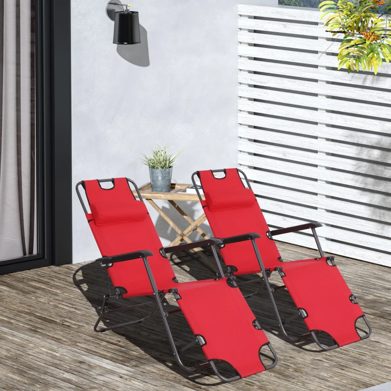 Outsunny 2 in 1 Folding Sun Lounger Reclining Garden Chair Set of 2 with 2-Level Adjustable Backrest, Outdoor Zero Gravity Recliner Garden Chairs with Head Pillow and Armrests, Red