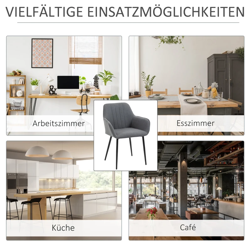 HOMCOM 2er Set Esszimmerstühle Essstühle Polsterstuhl mit atmungsaktivem Leinenbezug Wohnzimmerstuhl Sessel Küchenstuhl mit Rückenlehne Armlehne Leinen Dunkelgrau 59,5 x 56,5 x 81 cm
