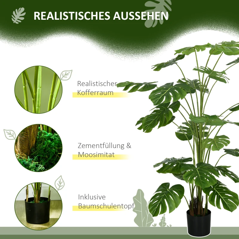 HOMCOM 180 cm Kunstpflanze, mit Übertopf, Kunstmoos, Zimmerpflanze für Wohnzimmer, realistischer Look, Grün