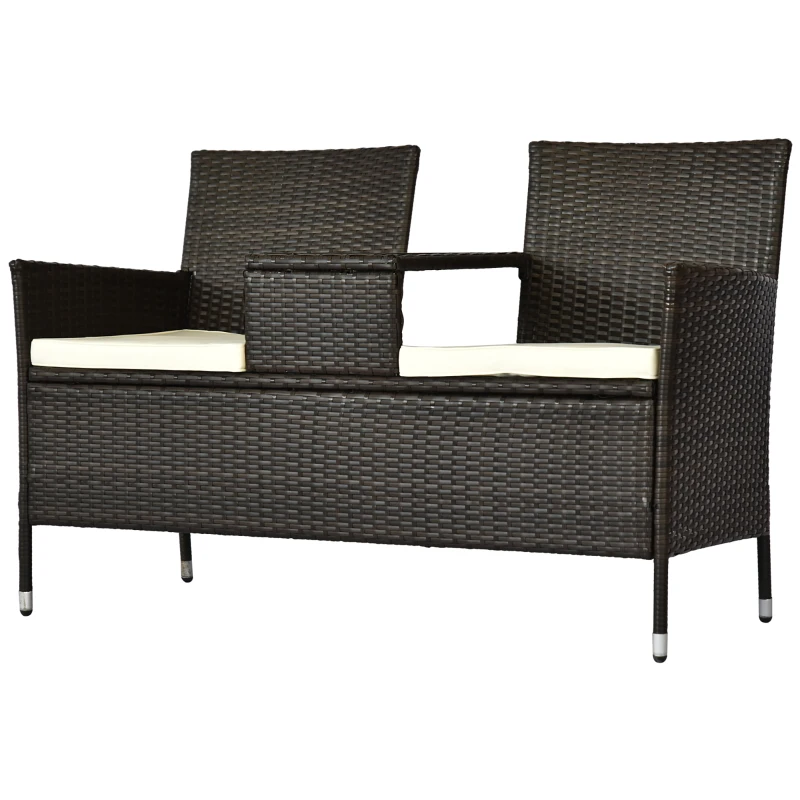 Outsunny Gartenbank Polyrattan 2-Sitzer UV-beständig Sitzbank mit Tisch Kissen Rückenlehne Gartenmöbel Parkbank bis 240kg belastbar Balkonbank für Garten Terrasse Balkon 133x63x84cm, Braun