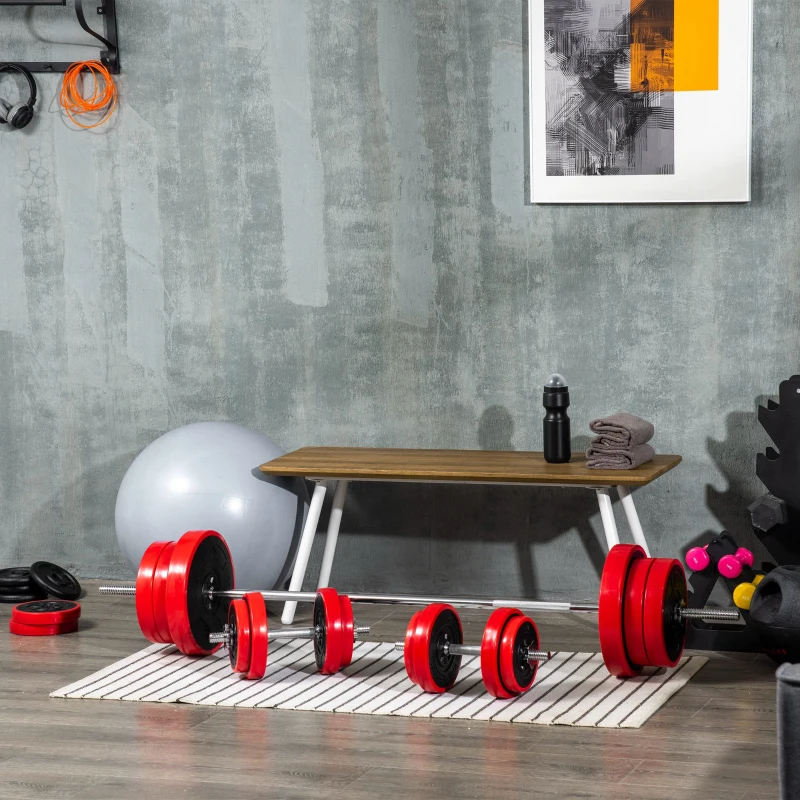 HOMCOM Set Bilanciere e Dischi 65kg totali per Workout in Casa, in Metallo, Sabbia di Ferro e Gomma, Rosso