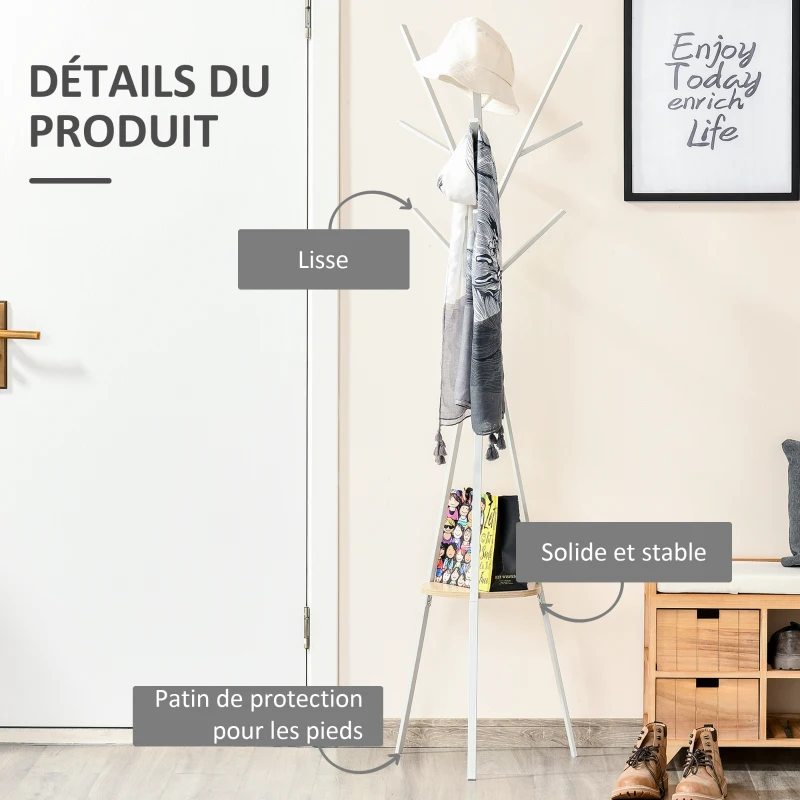 HOMCOM Porte-manteau trépied design contemporain branches étagère + 9 patères dim. 45L x 45l x 180H cm métal blanc