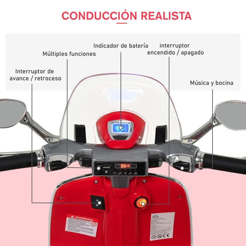 HOMCOM Moto de Batería Autorizada de VESPA con Faros Música 2 Ruedas Auxiliares 108x49x75 cm Rojo