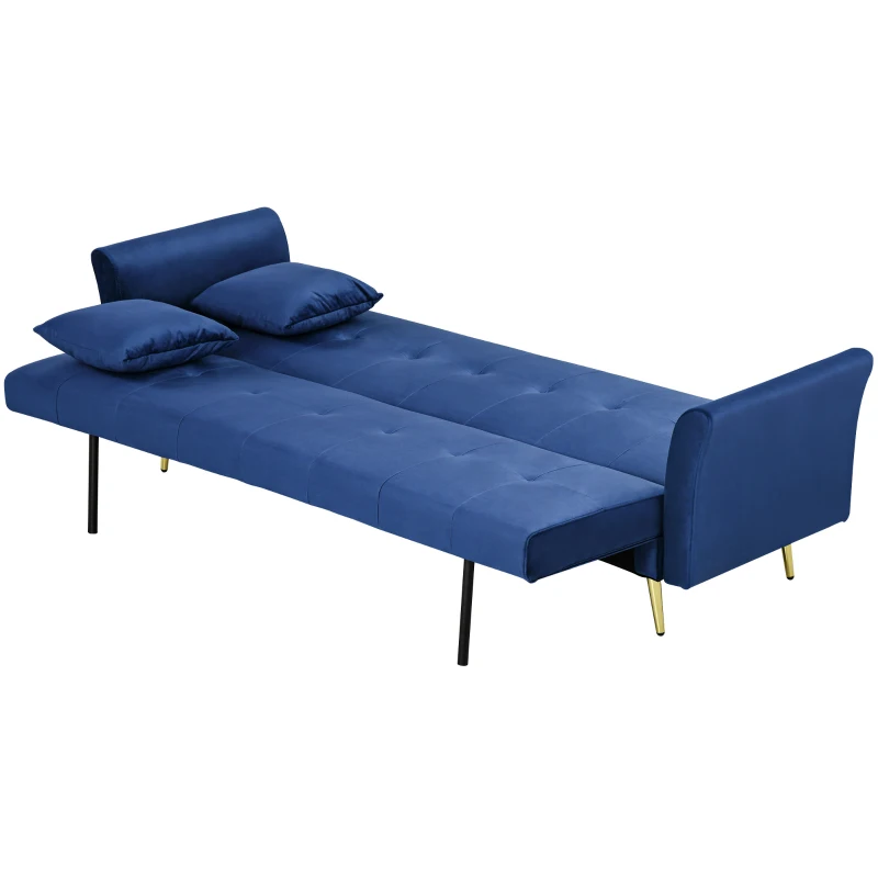 HOMCOM Divano Letto Clic Clac con Schienale Regolabile e 2 Cuscini, in Tessuto Effetto Velluto, 215x83x87 cm, Blu