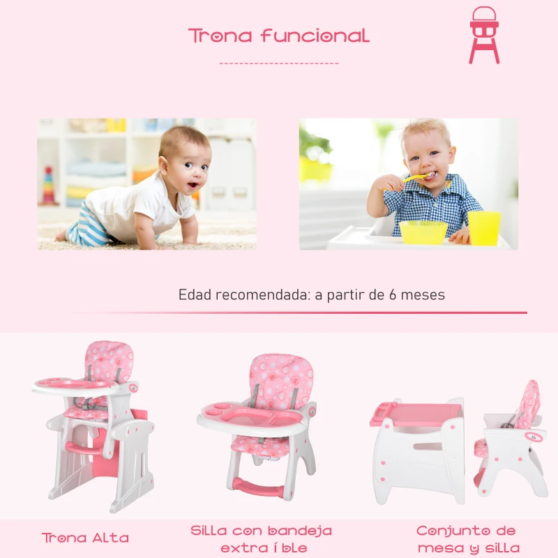 HOMCOM Trona para Bebés 2 en 1 para 6 Meses a 6 Años Transformable en Mesa y Silla Multifuncional Ajustable en 3 Posiciones Respaldo Alto Acolchado con 2 Bandejas Extraíbles 57x59x105 cm Rosa