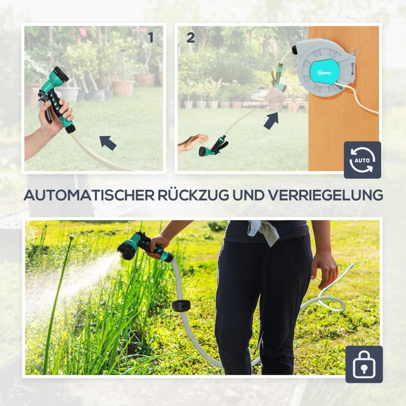 Outsunny Gartenschlauchhalter, 30+2 Meter Gartenschlauch in robustem Gehäuse, Wandhalterung, 7 Sprühmuster, 180° drehbar, Grün