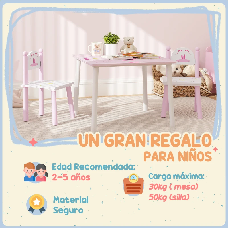 AIYAPLAY Mesa y Sillas Infantiles para Niños de 2-5 Años de 3 Piezas Mesa Infantil con Sillas para Sala de Juegos Rosa y Blanco