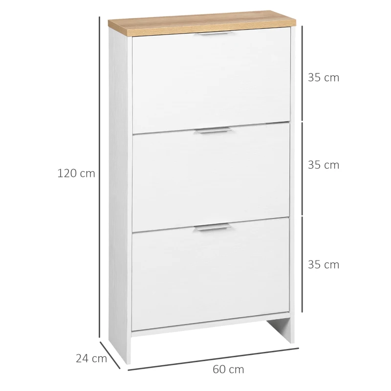 HOMCOM Meuble à chaussures 3 portes abattants avec étagères réglables capacité 12 paires de chaussures 60 x 24 x 120 cm blanc