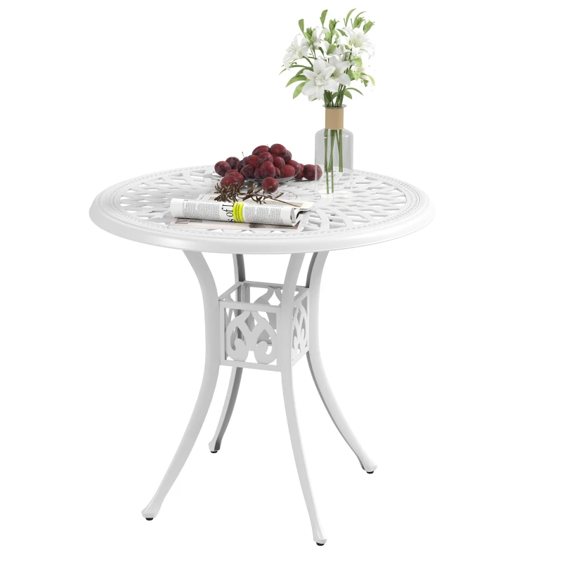 Outsunny 78 cm Round Garden Dining Table with Parasol Hole Antique Cast Aluminium Outdoor Table Only, White