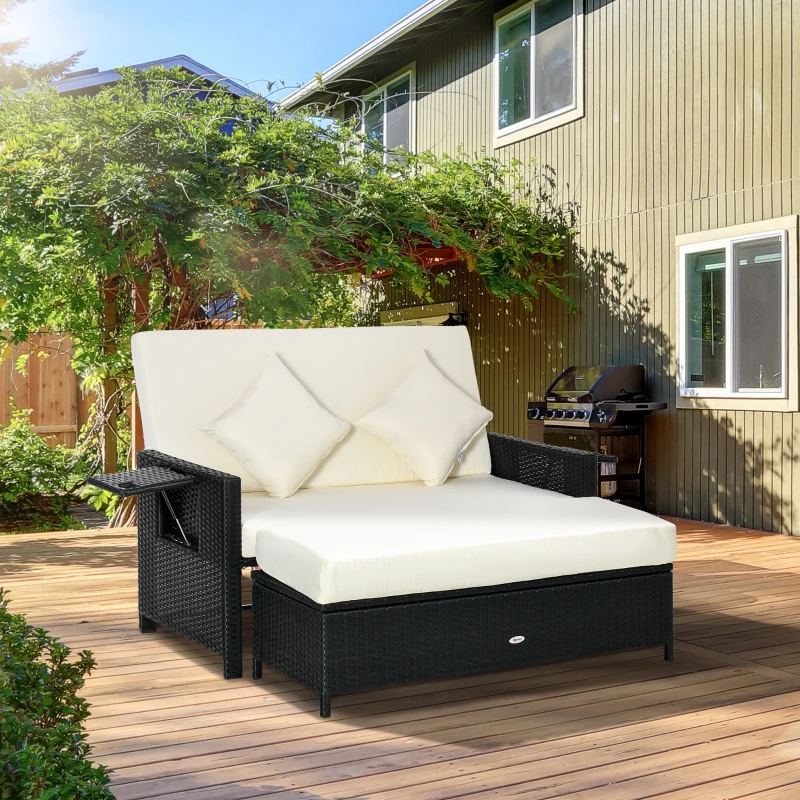 Outsunny Ensemble de jardin 2 places : canapé dossier inclinable tablettes coffre matelas et coussins intégrées + repose-pieds résine tressée noir polyester crème