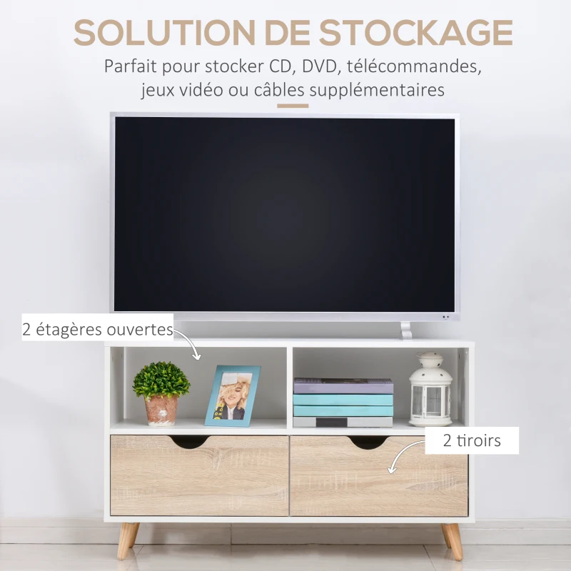 HOMCOM Meuble TV Bas sur Pieds Style scandinave 2 tiroirs Coloris chêne Clair Blanc