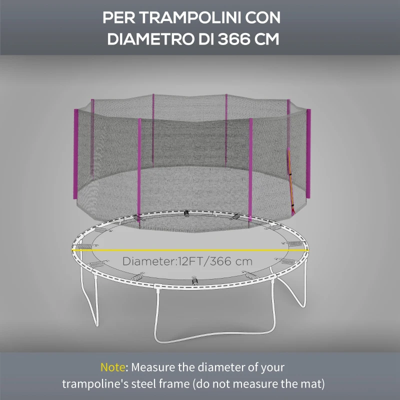 SPORTNOW Rete di Protezione per Trampolini a 8 Pali con Ingresso con Cerniera, in PE, Ø366x180 cm, Nero e Rosa