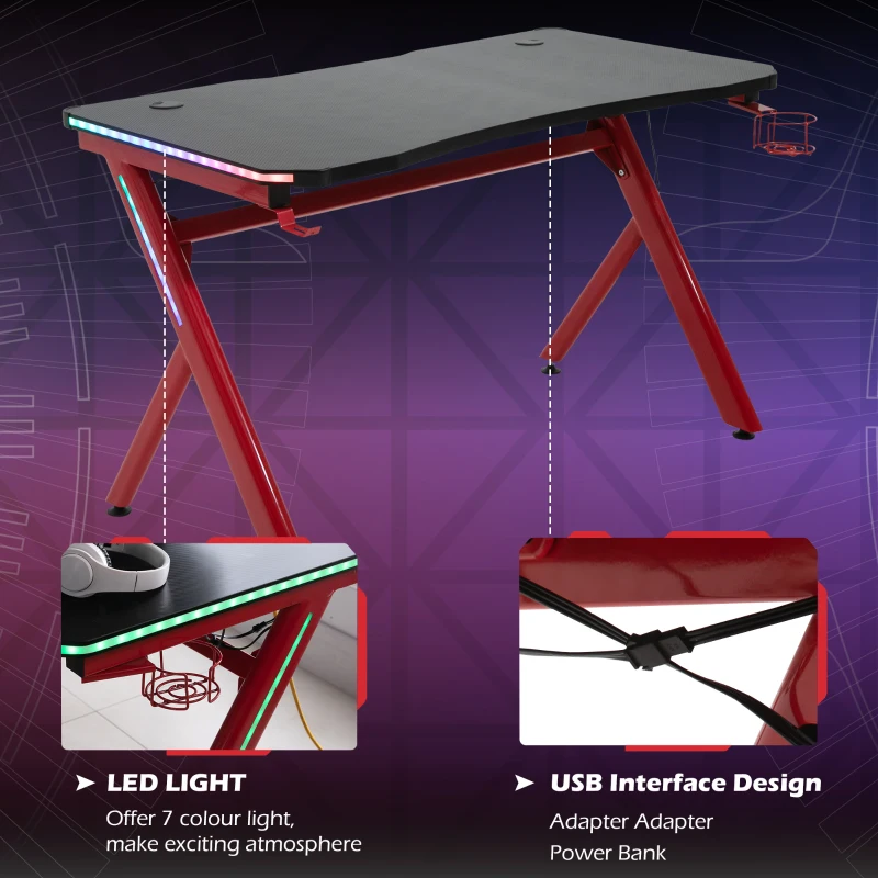 HOMCOM RGB Gaming Desk Computer Table Metal Frame with LED Light, Cup Holder, Headphone Hook, Cable Hole, Red