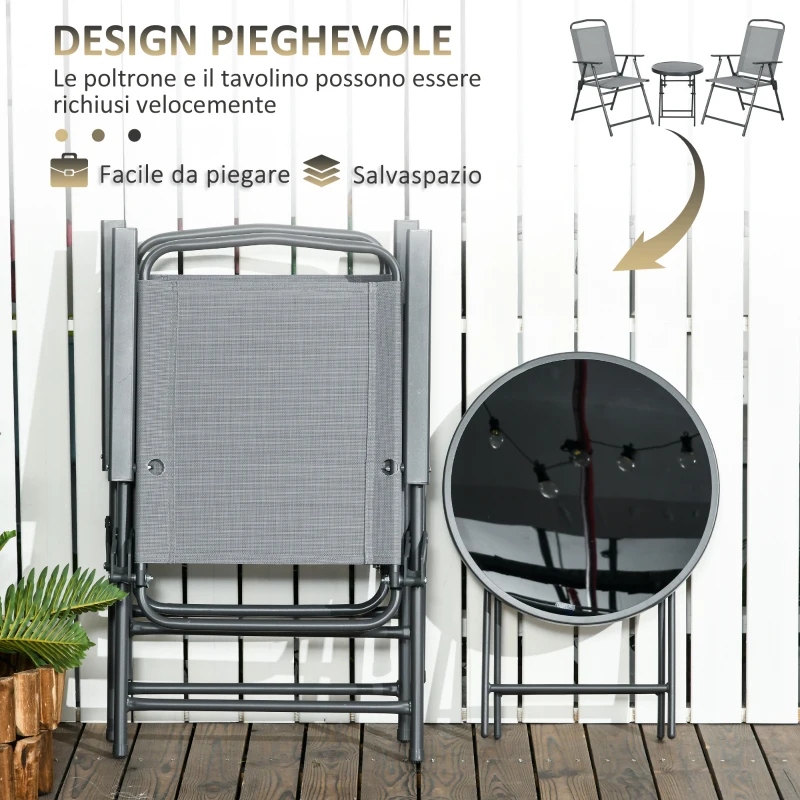 Outsunny Set da Giardino 3 Pezzi con 2 Sedie 53.5x64x93 cm e Tavolino da Caffè Ø45x50 cm, in Metallo, Grigio Chiaro