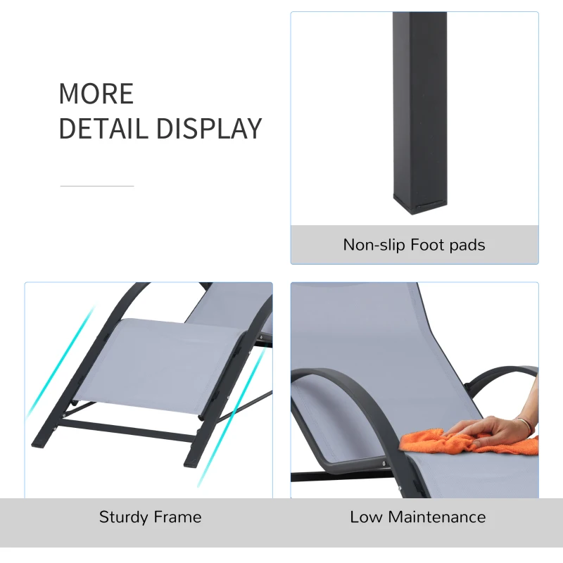Outsunny 3 Pieces Lounge Chair Set Metal Frame Garden Outdoor Recliner Sunbathing Chair with Table, Light Grey