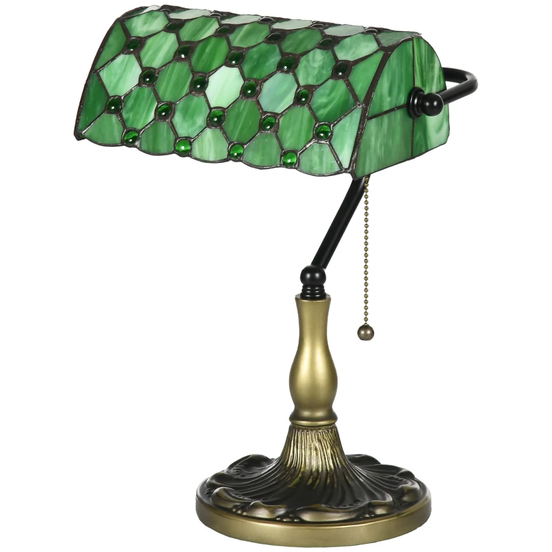 HOMCOM Stained Glass Table Lamp, Vintage Lamp with Green Handmade Shade, Metal Base, Antique Bedside Lamp for Bedroom Living Room Home Decoration