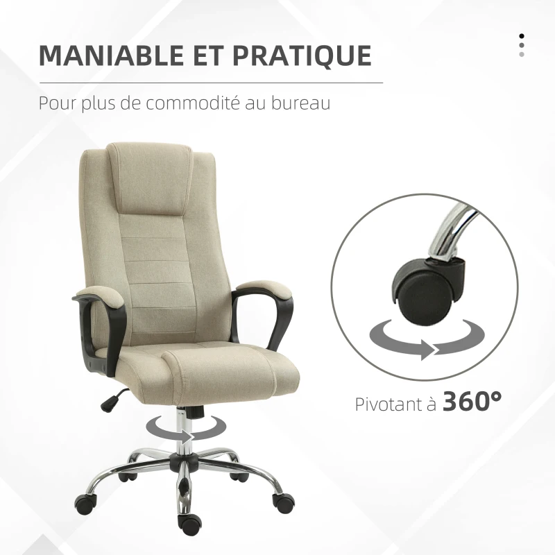 HOMCOM Fauteuil de bureau à roulettes chaise manager ergonomique pivotante hauteur réglable lin 62 x 71 x 124 cm kaki