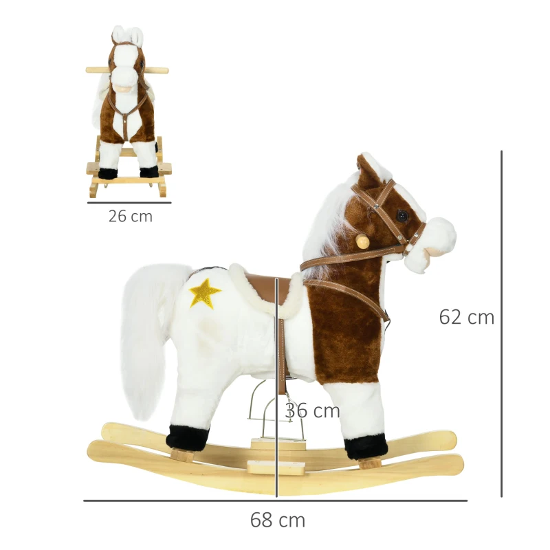 HOMCOM Schaukelpferd, Sattel mit Steigbügeln, Soundeffekte, Musik, Plüschkörper, Metallrahmen, bis 30 kg, braun