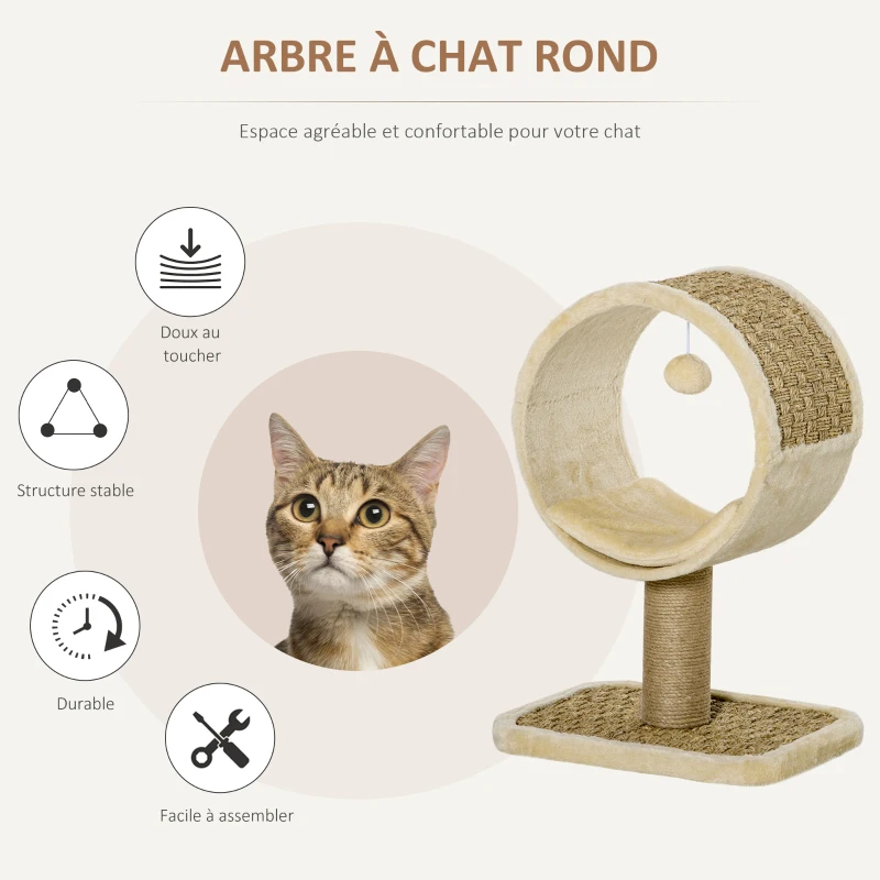 PawHut Arbre à chat en cercle avec griffoir en jute et jouet de souris coussin en peluche doux en panneaux de particules 40 x 30 x 56 cm kaki beige café