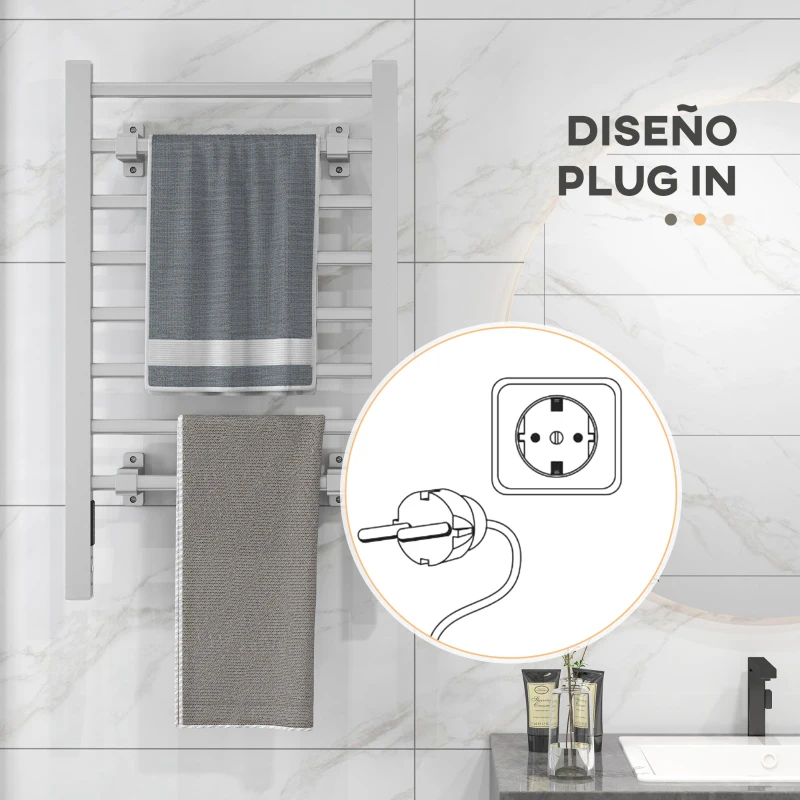 HOMCOM Toallero Eléctrico de Pared o Suelo con Función de Temporizador y 8 Barras 53x35x90 cm Plata