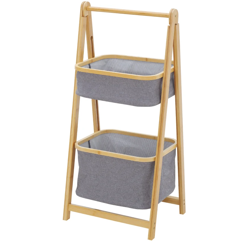 HOMCOM Mobile Bagno Pieghevole in Bambù con 2 Cassetti in Tessuto Poliestere Grigio, 45x35x98cm