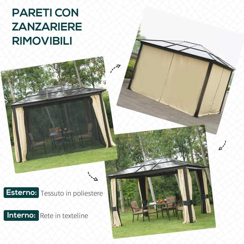Outsunny Gazebo da Giardino 3x3.6m in Alluminio con Zanzariera e Tetto in Policarbonato