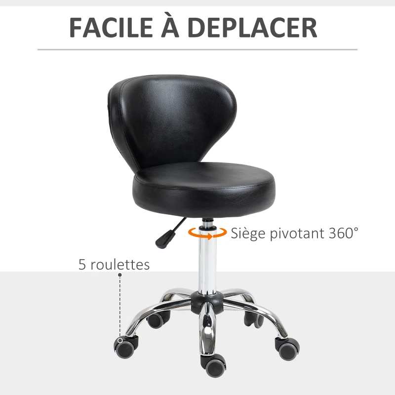 HOMCOM Tabouret à roulette tabouret de massage - tabouret de travail pivotant 360° - assise réglable 49-64H cm, dossier ergonomique - métal chromé revêtement synthétique noir