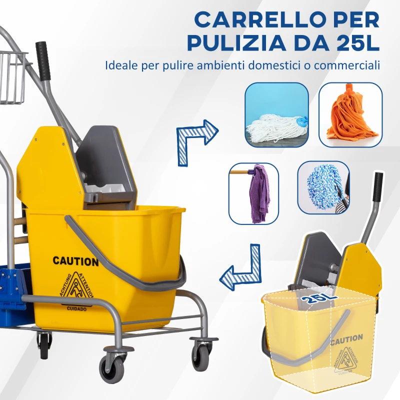 HOMCOM Carrello Pulizie con Strizzatore, Secchio 25L e Ripiano in Plastica, in PP e Metallo, 72x49.5x95 cm, Blu e Giallo