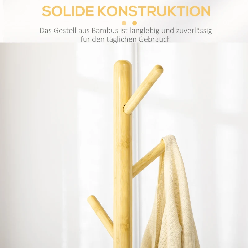HOMCOM Garderobenständer im Skandi-Design, Bambus, Garderobe 37,8 cm x 37,8 cm x 175,6 cm, Natur + Grau