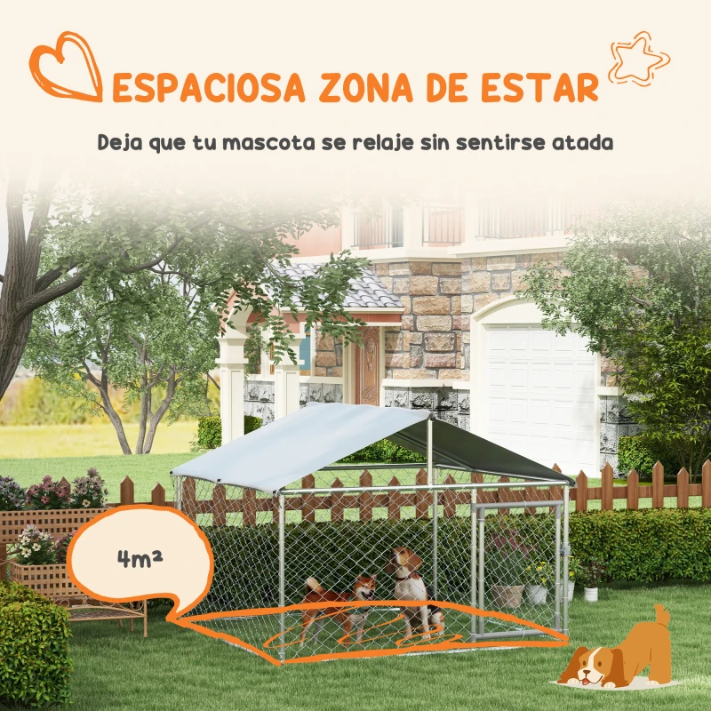 PawHut Jaula de Exterior para Perros Medianos con Cerradura Marco de Acero Toldo Impermeable y Anti-UV 200x200x150 cm Plata