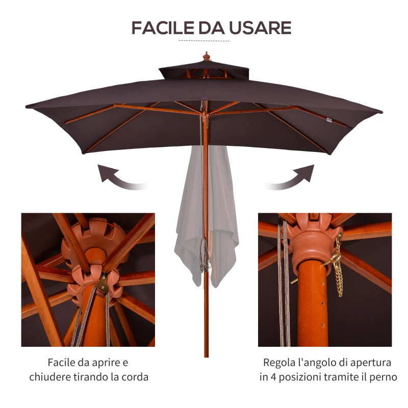 Outsunny Ombrellone 3x3 m da Giardino e Terrazza con 8 Stecche e Copertura Parasole a 2 Livelli, Marrone