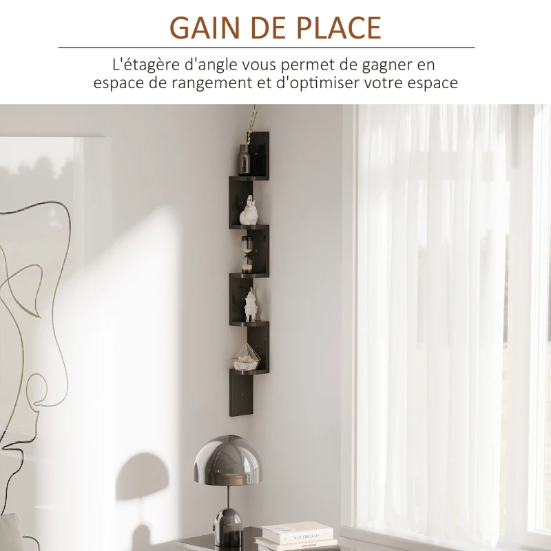 HOMCOM Étagère d'angle Murale à 5 Niveaux Hauteur 120 cm Forme de Zigzag en Bois Noire