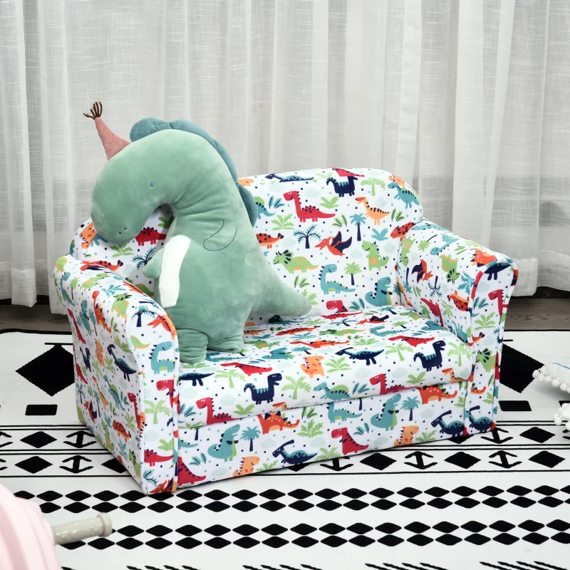 HOMCOM Sofá Infantil con Estampado de Dinosaurios con Respaldo y Reposabrazos Incorporados y Cómodo Acolchado Para +12 Meses 76x39x44 cm