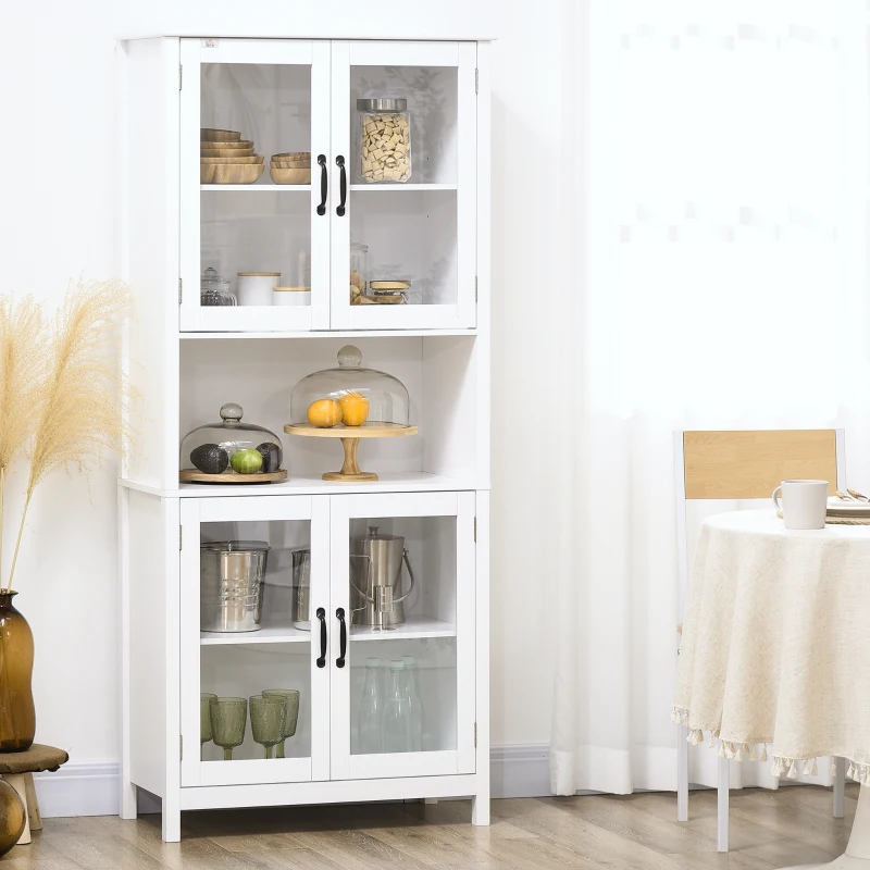HOMCOM Buffet haut armoire de cuisine 4 portes vitrées et 1 niche centrage hauteur 172 cm avec étagères réglables blanc