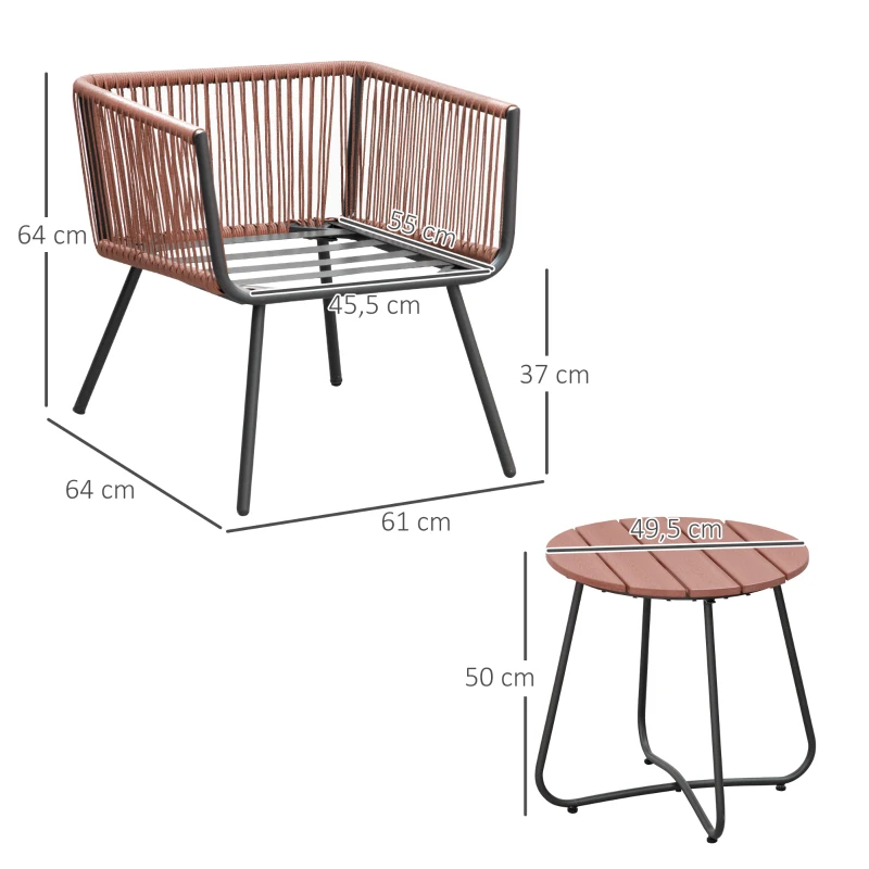 Outsunny Conjunto de Muebles de Jardín de Ratán 3 Piezas Incluye 1 Mesa y 2 Sillones con Cojines Acolchados Teca y Gris