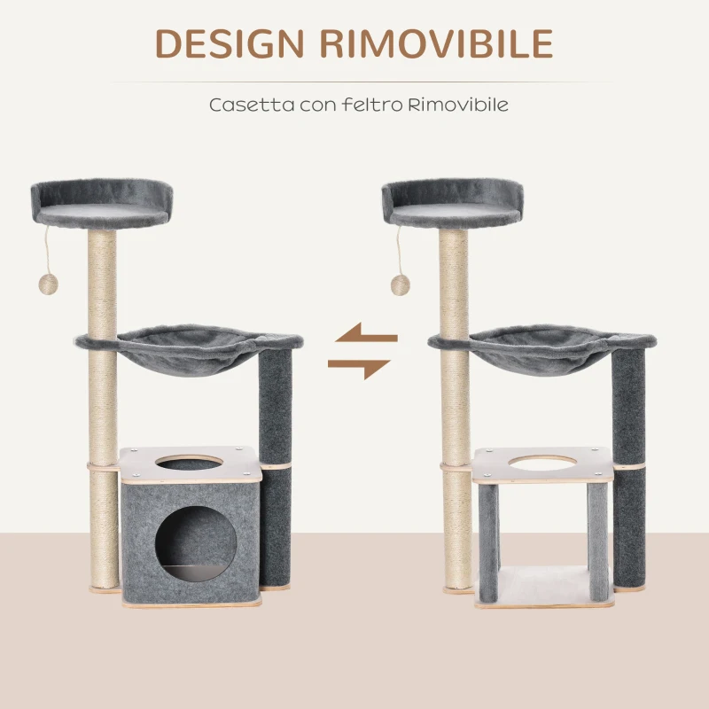 PawHut Albero Tiragraffi per Gatti Alto 95cm, Palestra per Gatti di Multilivelli con Casetta, Amaca, Pallina da Gioco, Cuccia e Corde in Sisal, 48x34x95cm, Grigio