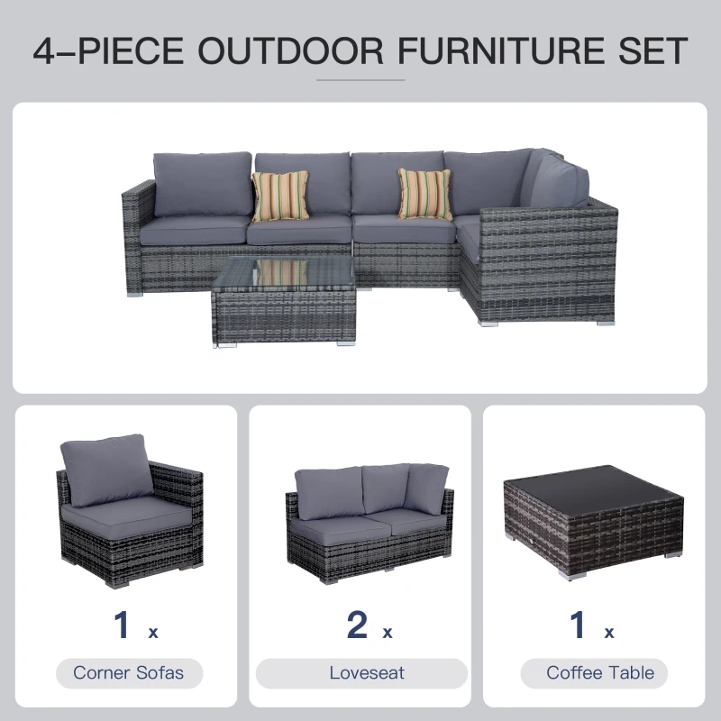 Outsunny 4 Pieces Rattan Garden Furniture Set, Wicker Outdoor Furniture Set with Corner Sofa Loveseat Coffee Table Cushions, Conservatory Furniture Set for Patio Balcony Poolside, Grey