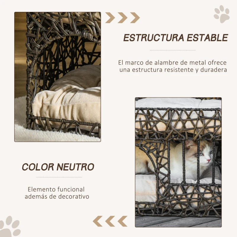 PawHut Cesta de Ratán para Gatos de 2 Alturas Cama Cueva de Gatos con 2 Cojines Suaves y Ventana 56x41x45 cm Café Oscuro