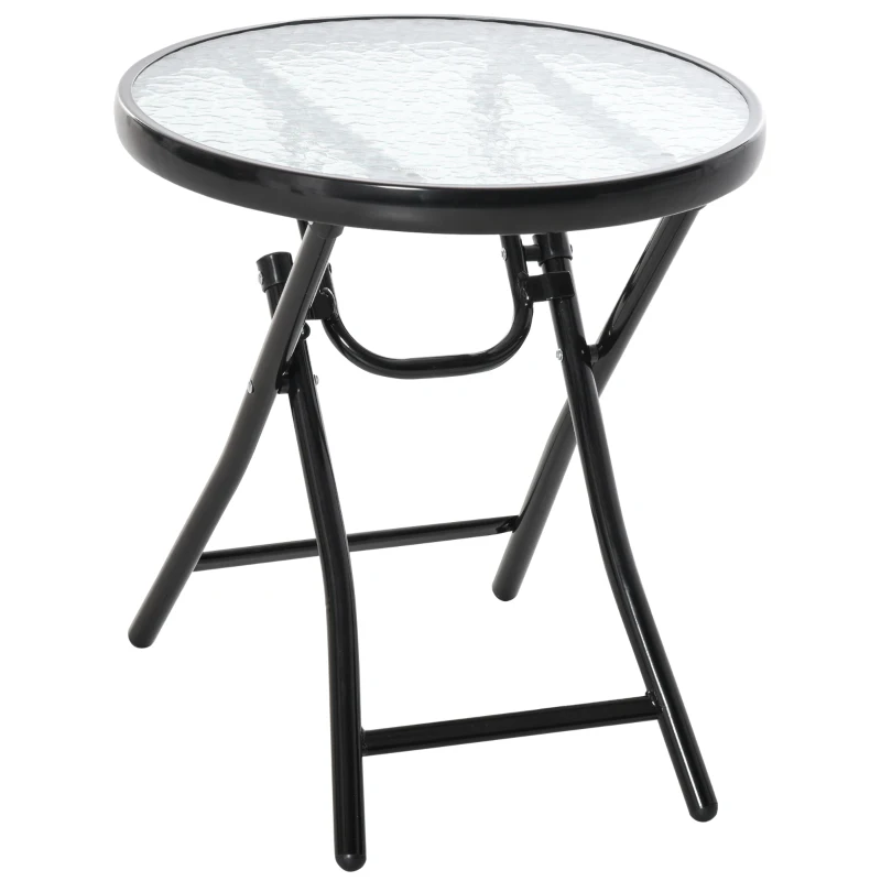 Outsunny Foldable Garden Table, Round Folding Table with Glass Tabletop and Safety Buckle for Patio, Garden, Outdoor, Indoor, Black