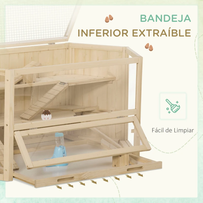 PawHut Jaula de Madera para Hámster 115x60x55 cm Casa para Roedores con 3 Niveles Techo Abatible Bandeja Extraíble Bebedero y 3 Rampas Natural