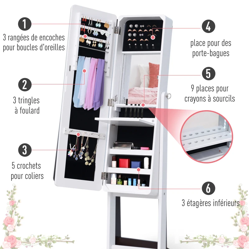 HOMCOM Armoire à bijoux avec miroirs à pied multi-rangements inclinaison réglable serrure éclairage LED intérieur dim. 30L x 36l x 146H cm blanc