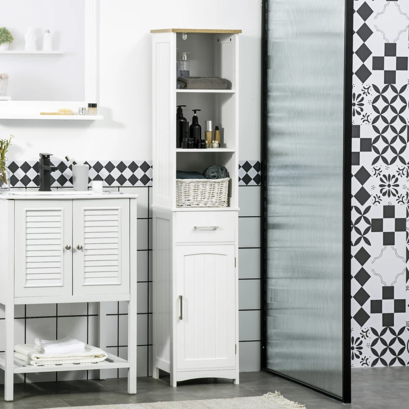 kleankin Armario de Baño con 1 Cajón 1 Puerta 3 Estantes Columna de Baño Mueble Auxiliar para Aseo 34x30x163 cm Blanco