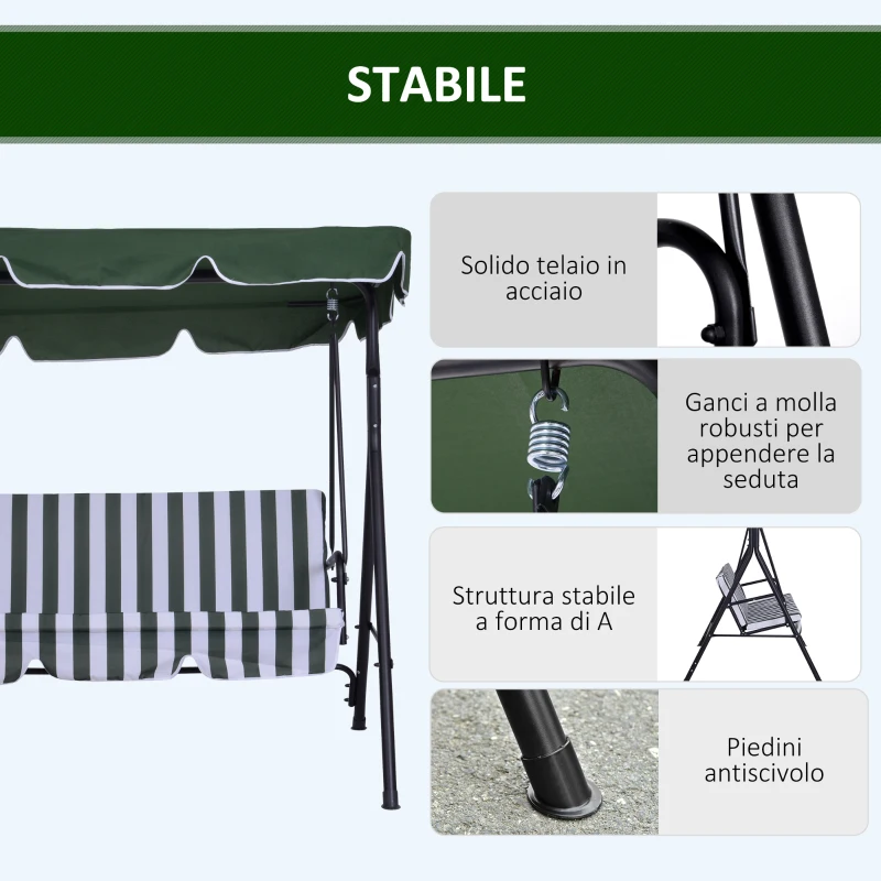 Outsunny Dondolo da Giardino 3 Posti con Tetto Parasole e Struttura in Acciaio, 172x110x153cm, Bianco e Verde