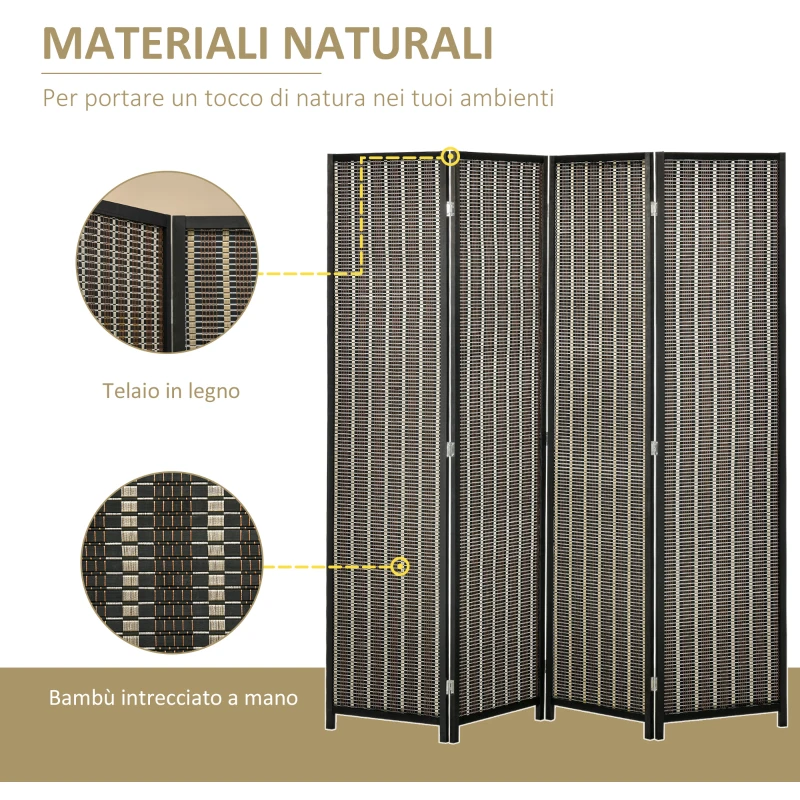HOMCOM Paravento per Interni, Separé Pieghevole a 4 Pannelli, Divisorio per Ambienti in Legno e Bambù, 180x180x1.9cm, Nero e Marrone