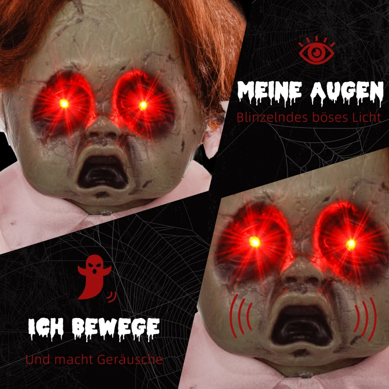 HOMCOM Horrorpuppe, Helloweendeko, aktiviert mit Geräusche/Berührung, rote Augen, Sound, 76 cm(m-5)
