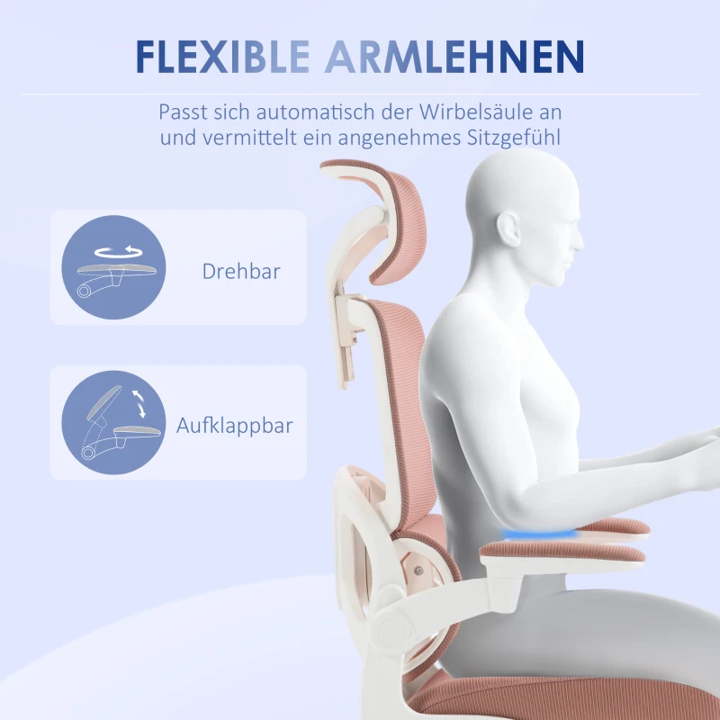Vinsetto Bürostuhl Computerstuhl, 1 Kopfstütze, klappbare Armlehnen, 62 cm x 58 cm x 133 cm, Rosa