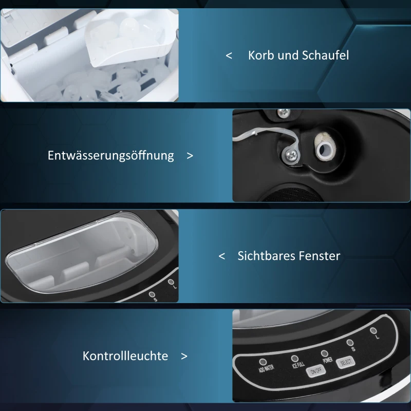 HOMCOM Eiswürfelmaschine, 2, 2 Liter, 12 kg in 24 h, Eiskugeln, selbstreinigend, Eiswanne, Eisschaufel, Schwarz