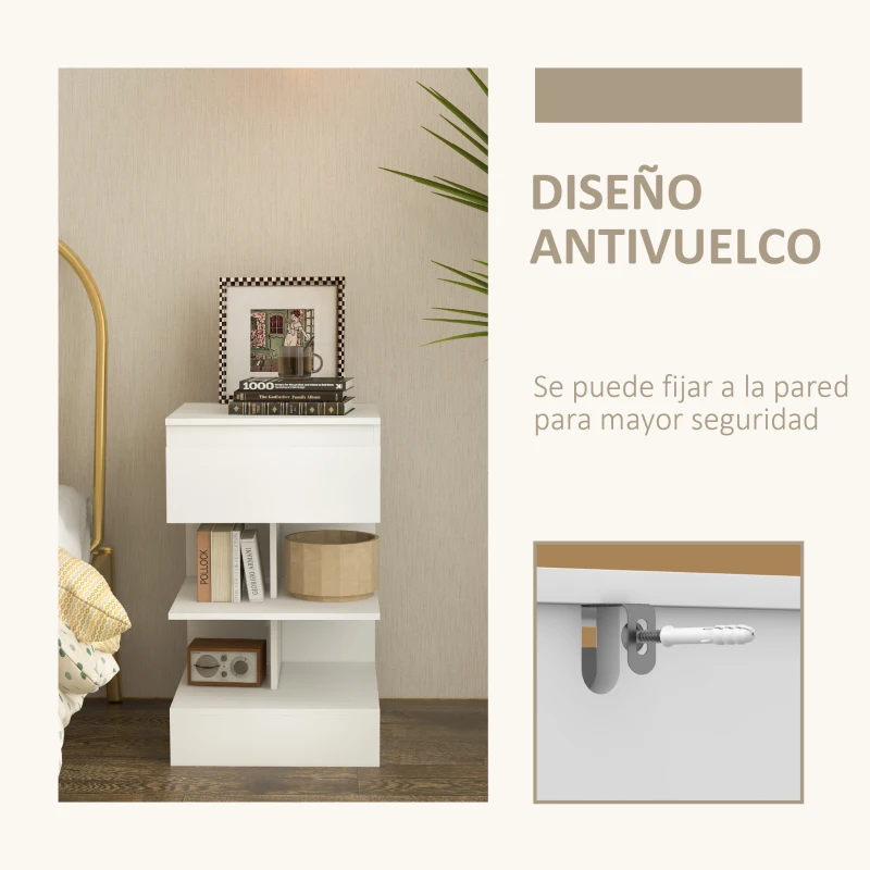 HOMCOM Mesilla de Noche con Cajón y 2 Estantes Abiertas para Dormitorio Salón Cama Oficina Estilo Moderno 39x39x65 cm Blanco