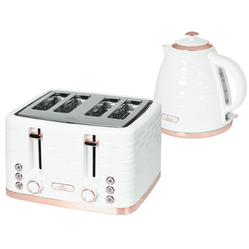 HOMCOM Kettle and Toaster Sets, 3000W 1.7L Rapid Boil Kettle & 4 Slice Toaster with 7 Browning Controls, Defrost, Reheat and Crumb Tray, UK Otter thermostat, Cream White